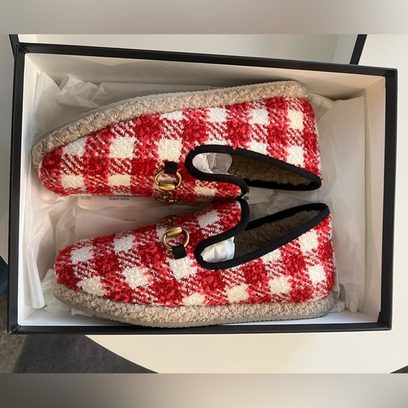 Gucci Mouton Loafer 37+ Ladies Red x White Vichy Tweed Horsebit - Hardly Worn - Picture 1 of 6